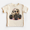 Skull monster truck natural kids shirt with spooky skeleton vehicle graphic