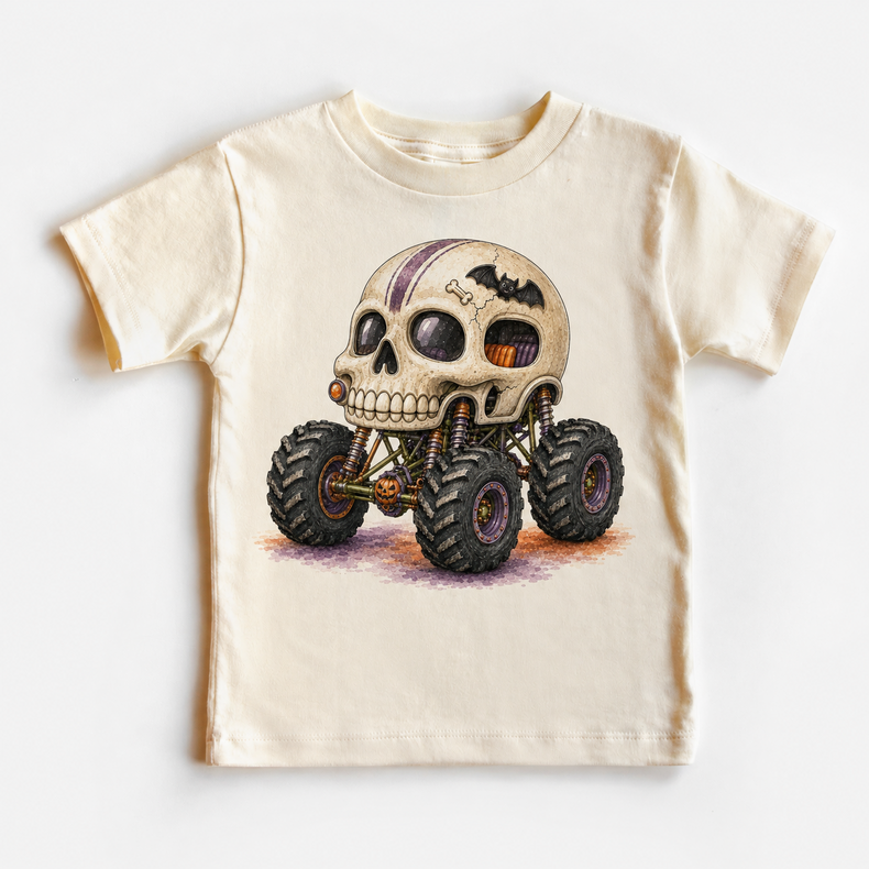 Skull monster truck natural kids shirt with spooky skeleton vehicle graphic