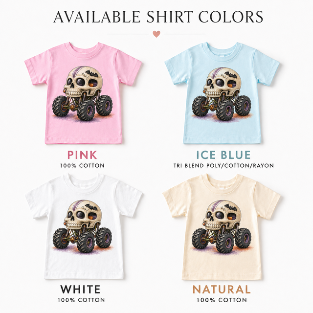 Skull monster truck kids T-shirt color options in pink, ice blue, white and natural