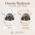 Cow monster truck baby bodysuit options in white and natural