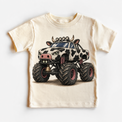 Cow monster truck natural kids shirt with black and white farm animal vehicle graphic