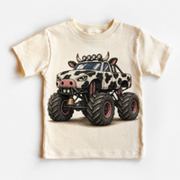 Cow monster truck natural kids shirt with black and white farm animal vehicle graphic