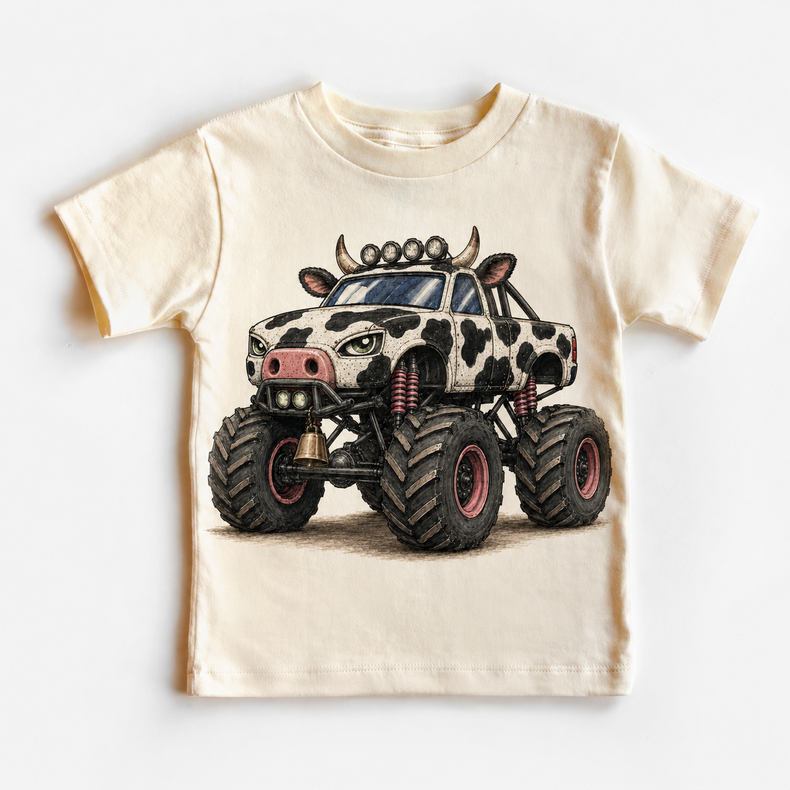 Cow monster truck natural kids shirt with black and white farm animal vehicle graphic