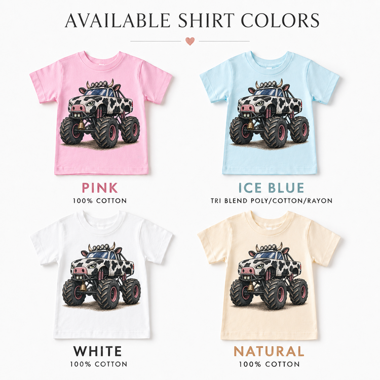 Cow monster truck kids T-shirt color options in pink, ice blue, white and natural