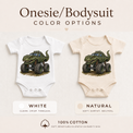 T-Rex monster truck baby bodysuit options in white and natural