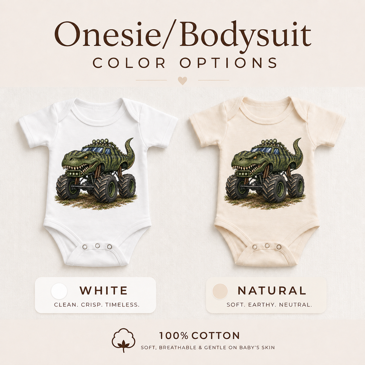 T-Rex monster truck baby bodysuit options in white and natural