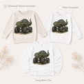 T-Rex monster truck long sleeve tee and kids sweatshirt options