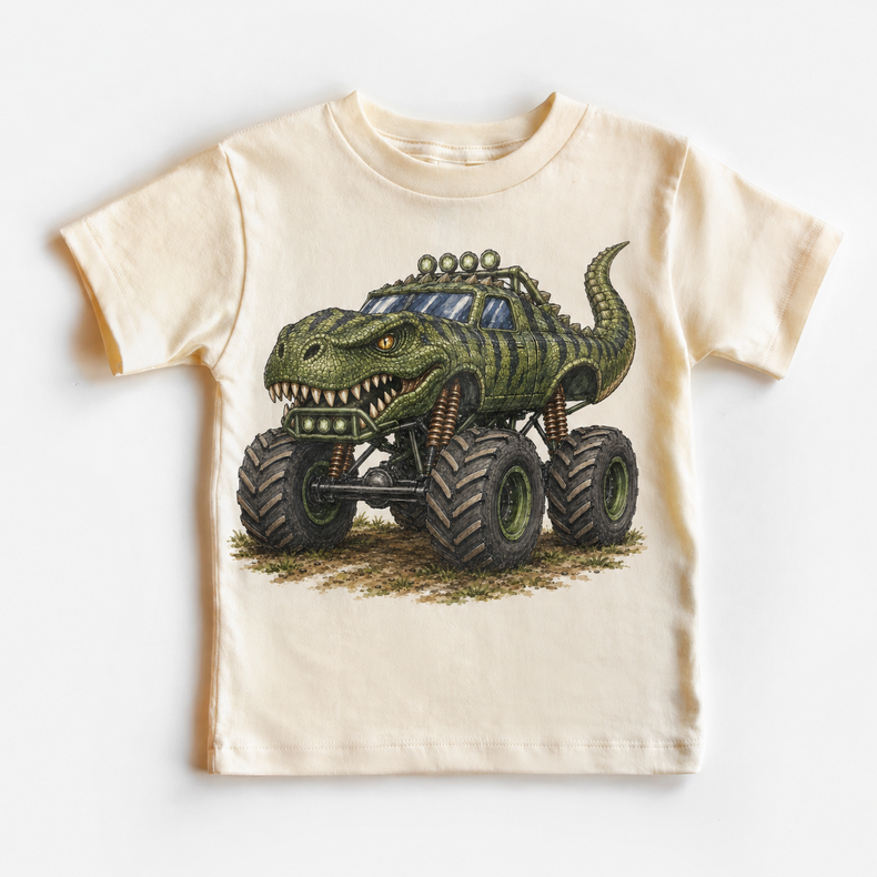 T-Rex monster truck natural kids shirt with green dinosaur off-road vehicle graphic
