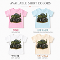 T-Rex monster truck kids T-shirt color options in pink, ice blue, white and natural