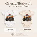 Rooster monster truck baby bodysuit options in white and natural