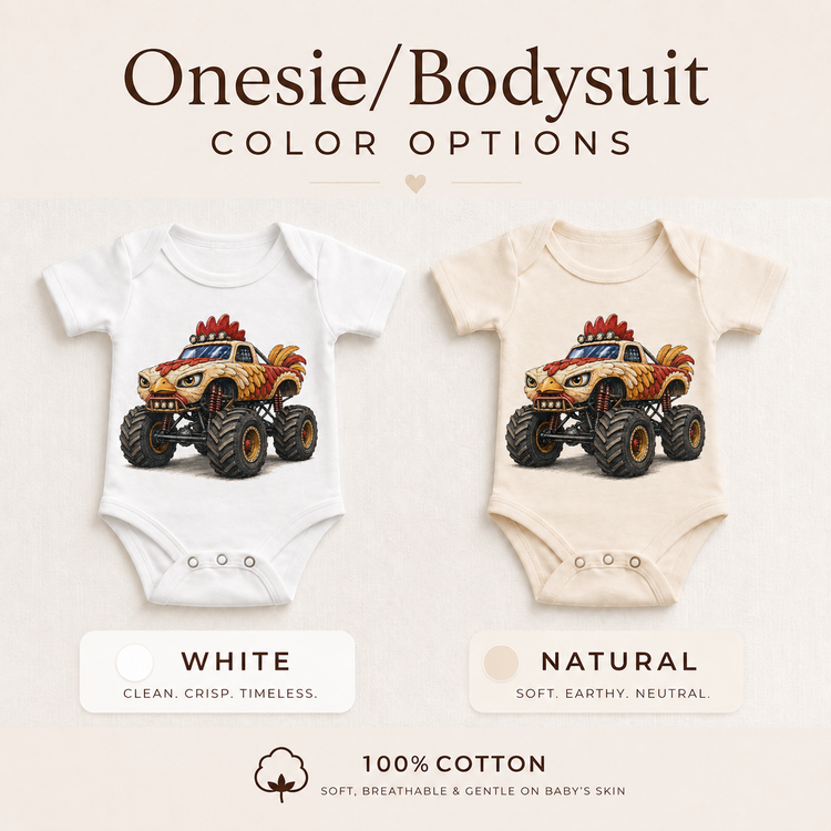Rooster monster truck baby bodysuit options in white and natural