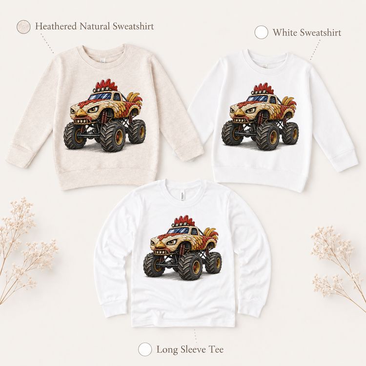 Rooster monster truck long sleeve tee and kids sweatshirt options