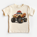 Rooster monster truck natural kids shirt with colorful farm animal vehicle graphic