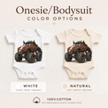 Horse monster truck baby bodysuit options in white and natural