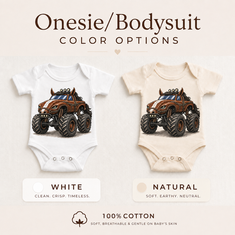 Horse monster truck baby bodysuit options in white and natural