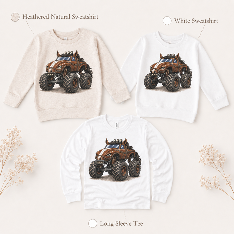 Horse monster truck long sleeve tee and kids sweatshirt options