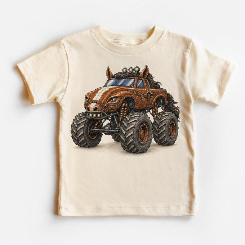 Horse monster truck natural kids shirt with brown western farm animal vehicle graphic