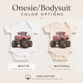 Pig monster truck baby bodysuit options in white and natural