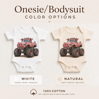 Pig monster truck baby bodysuit options in white and natural