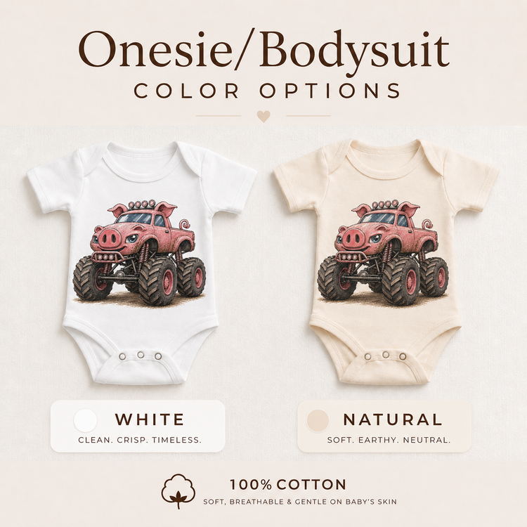 Pig monster truck baby bodysuit options in white and natural