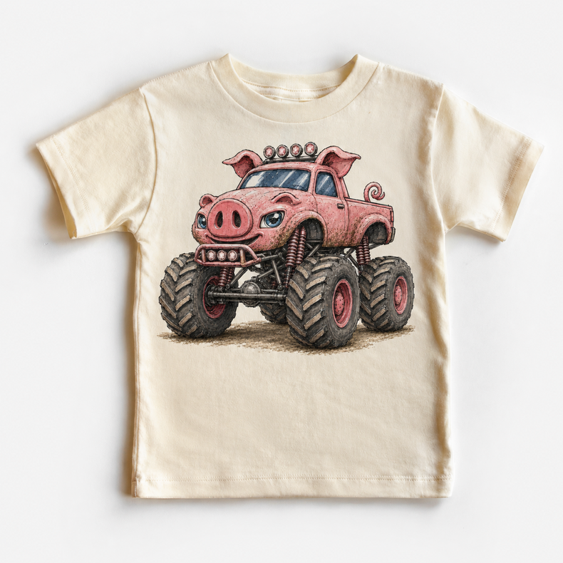 Pig monster truck natural kids shirt with pink farm animal vehicle graphic