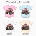 Pig monster truck kids T-shirt color options in pink, ice blue, white and natural