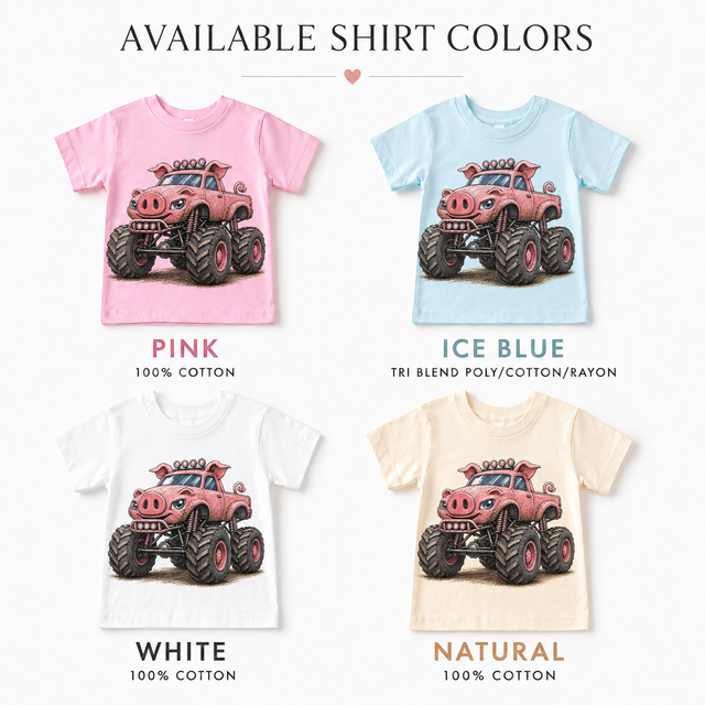 Pig monster truck kids T-shirt color options in pink, ice blue, white and natural