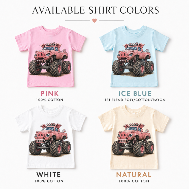 Pig monster truck kids T-shirt color options in pink, ice blue, white and natural