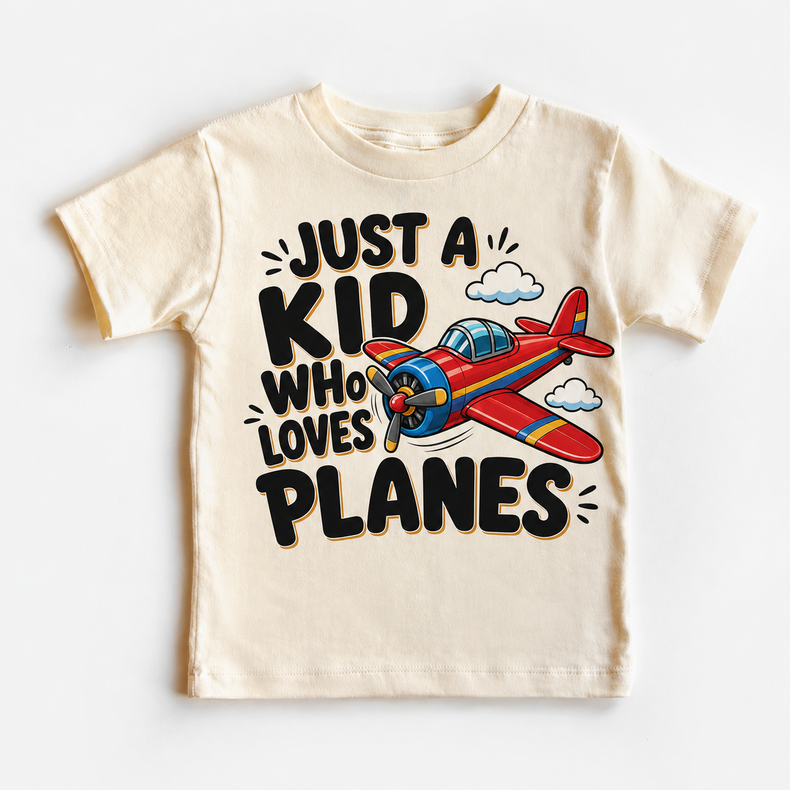 Just a Kid Who Loves Planes natural kids shirt with colorful red and blue airplane graphic