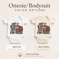 Just a Kid Who Loves Fire Trucks baby bodysuit options in white and natural