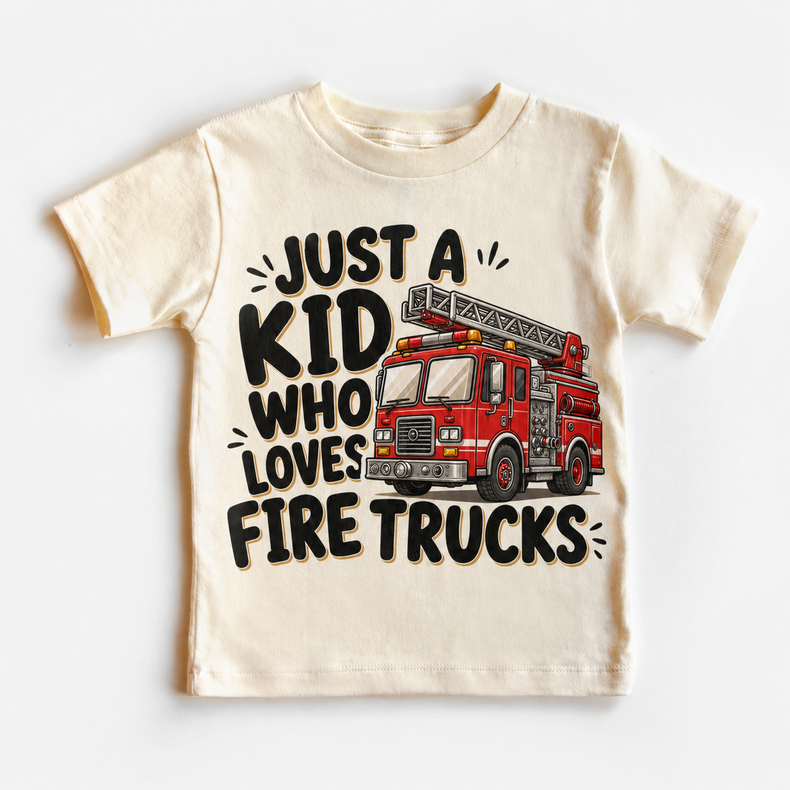 Just a Kid Who Loves Fire Trucks natural kids shirt with red ladder fire engine graphic