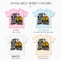 Just a Kid Who Loves Dump Trucks kids T-shirt color options in pink, ice blue, white and natural