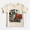 Just a Kid Who Loves Trains natural kids shirt with vintage steam train graphic