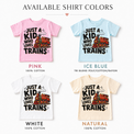Just a Kid Who Loves Trains kids T-shirt color options in pink, ice blue, white and natural