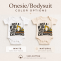 Just a Kid Who Loves Excavators baby bodysuit options in white and natural