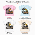 Just a Kid Who Loves Excavators kids T-shirt color options in pink, ice blue, white and natural