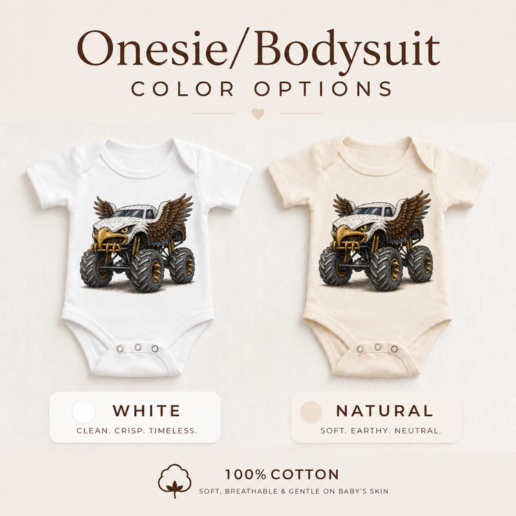 Bald eagle monster truck baby bodysuit options in white and natural