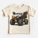 Bald eagle monster truck natural kids shirt with winged off-road vehicle graphic