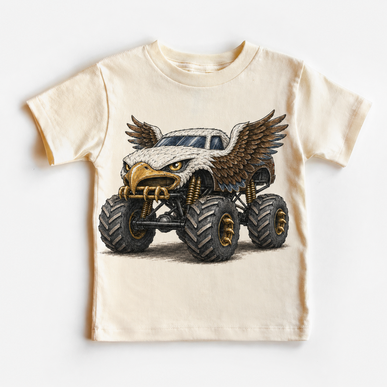 Bald eagle monster truck natural kids shirt with winged off-road vehicle graphic