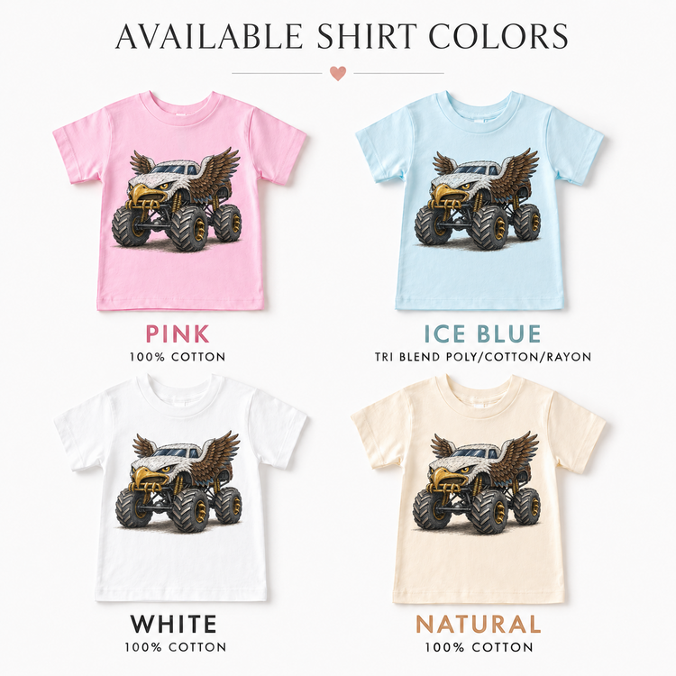 Bald eagle monster truck kids T-shirt color options in pink, ice blue, white and natural