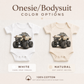 Bull monster truck baby bodysuit options in white and natural