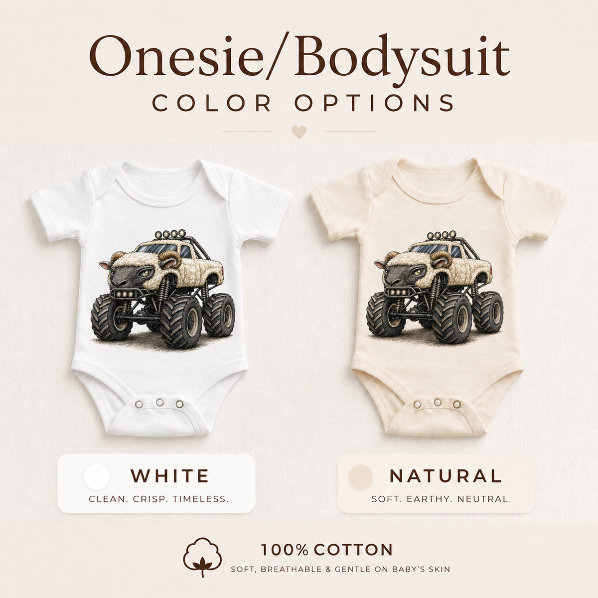 Bull monster truck baby bodysuit options in white and natural