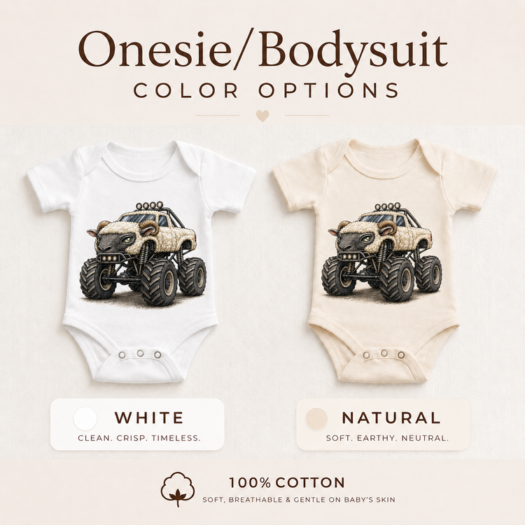 Bull monster truck baby bodysuit options in white and natural