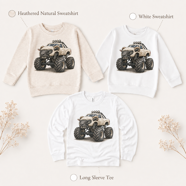 Bull monster truck long sleeve tee and kids sweatshirt options