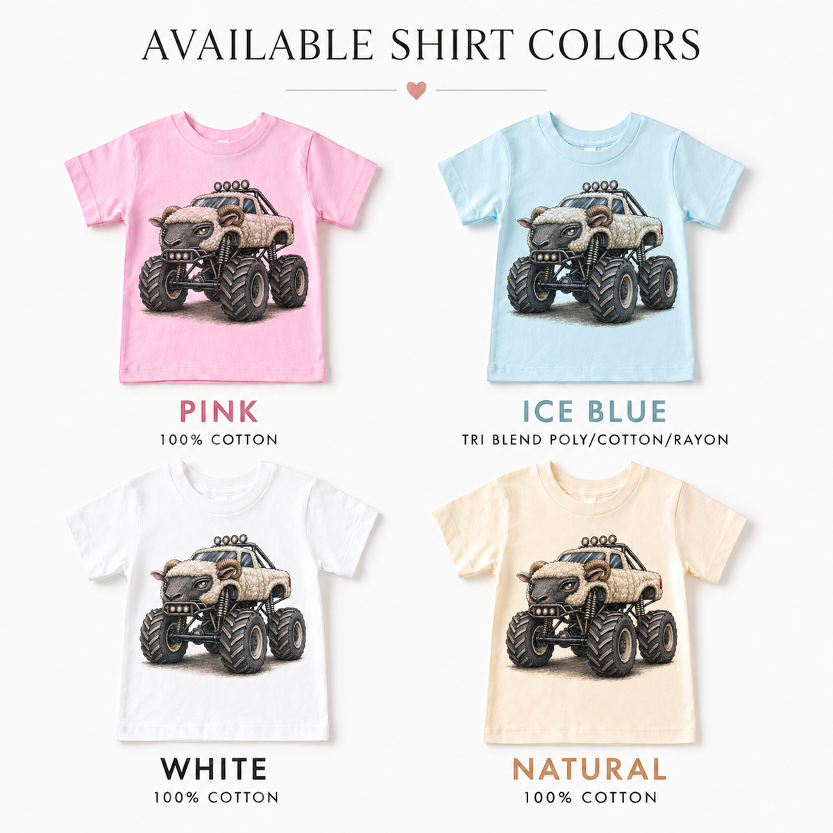Bull monster truck kids T-shirt color options in pink, ice blue, white and natural
