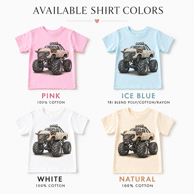 Bull monster truck kids T-shirt color options in pink, ice blue, white and natural
