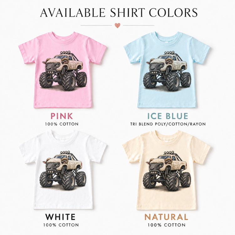 Bull monster truck kids T-shirt color options in pink, ice blue, white and natural