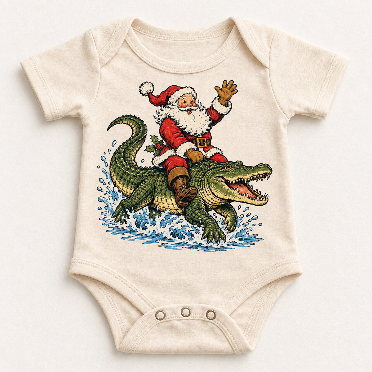 Santa riding an alligator Christmas design on a natural bodysuit by Madi Moosh