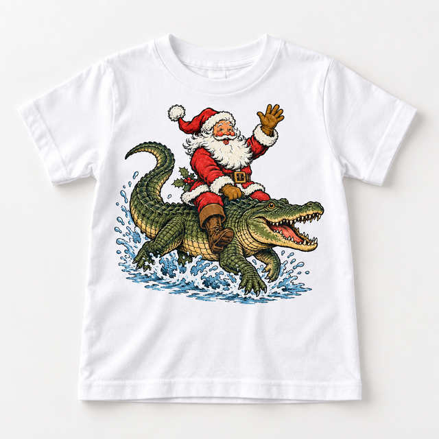 Santa riding an alligator Christmas design on a white tee by Madi Moosh