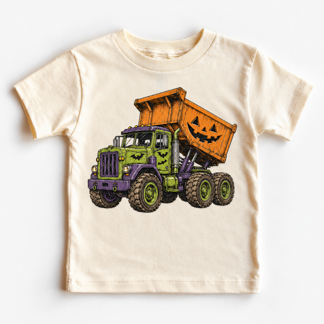 Natural Halloween dump truck shirt with green and purple truck and orange jack-o-lantern dump bed